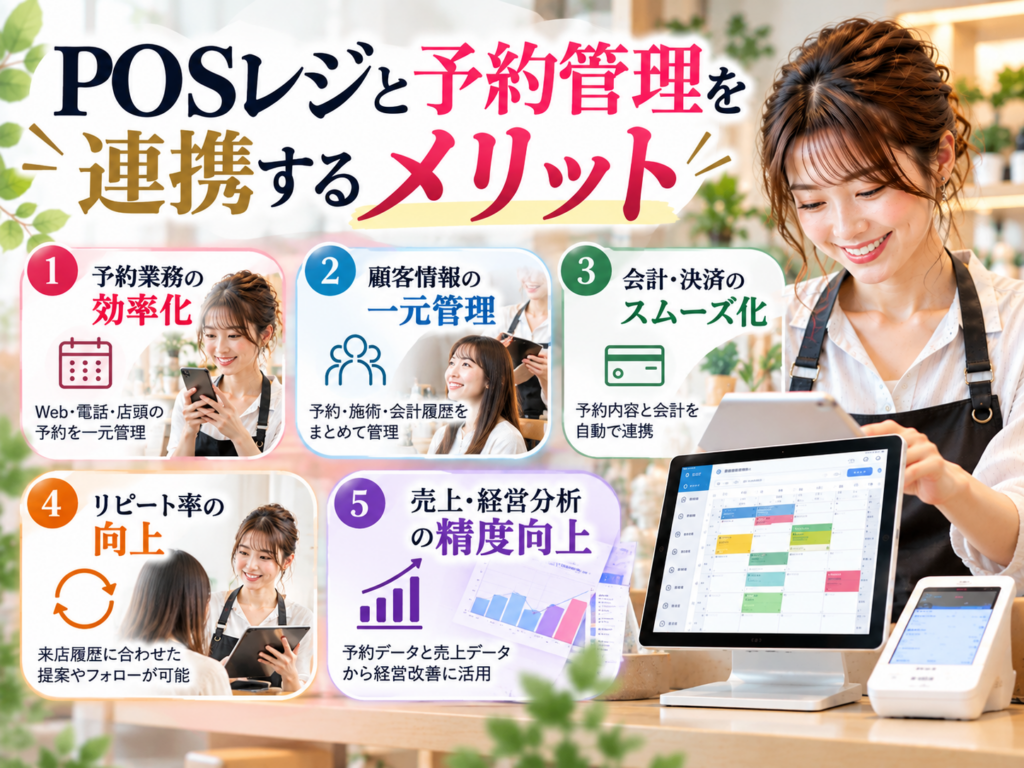 POSレジと予約管理を連携する5つのメリット|予約業務の効率化・顧客情報の一元管理・会計の円滑化・リピート率向上・売上分析