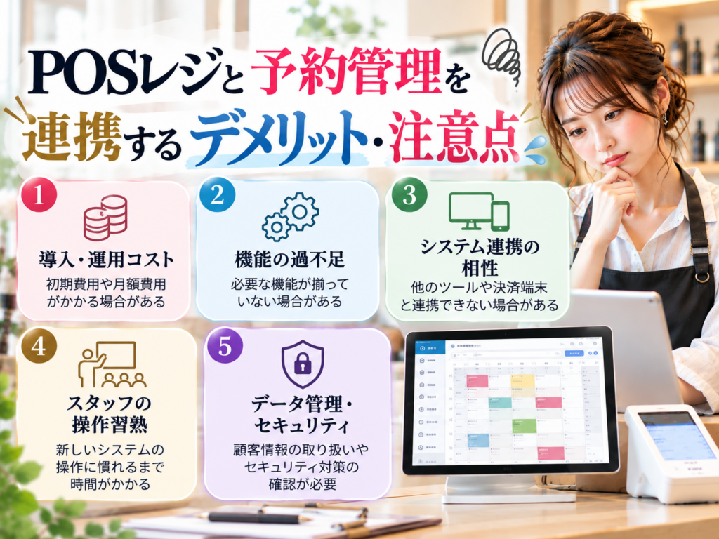 POSレジと予約管理を連携するデメリット・注意点|導入費用・機能の過不足・システムの互換性・スタッフ研修・セキュリティ対策の解説