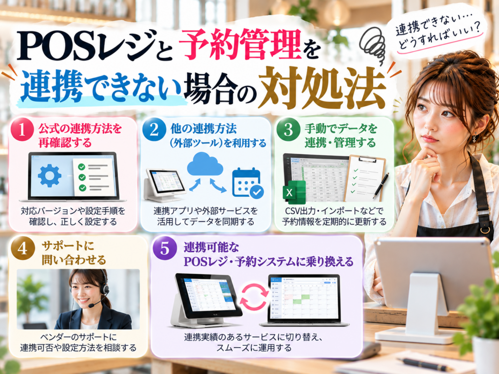 POSレジと予約管理を連携できない場合の対処法|連携設定の確認・外部ツールの活用・手動管理・サポートへの問い合わせ・システム乗り換えの5つの方法