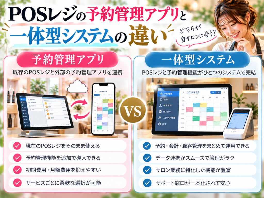 POSレジの予約管理アプリと一体型システムの違いを比較|外部アプリ連携と予約・会計・顧客管理の一元化を解説