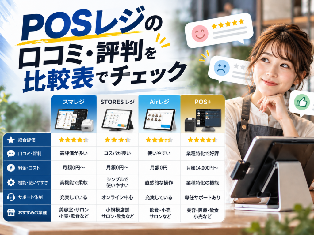 POSレジの口コミ・評判を比較表でチェック!スマレジ・STORES レジ・Airレジ・POS+の料金や機能、使いやすさを比較