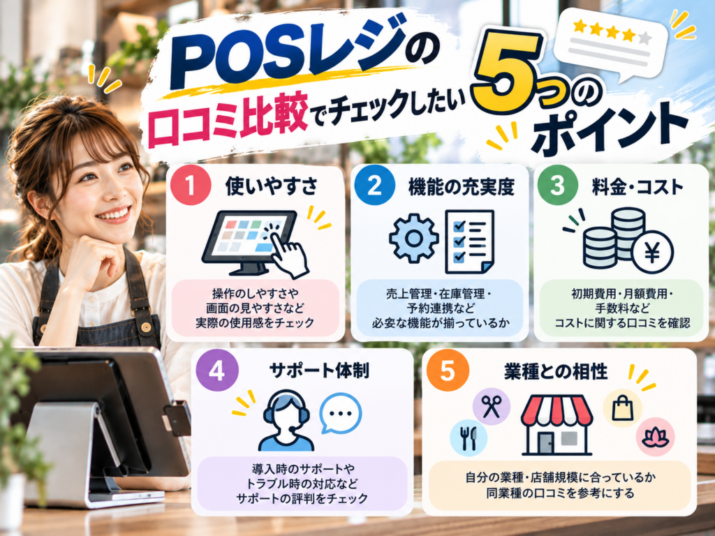 POSレジの口コミ比較でチェックしたい5つのポイント|使いやすさ・機能性・料金・サポート体制・業種との相性を解説