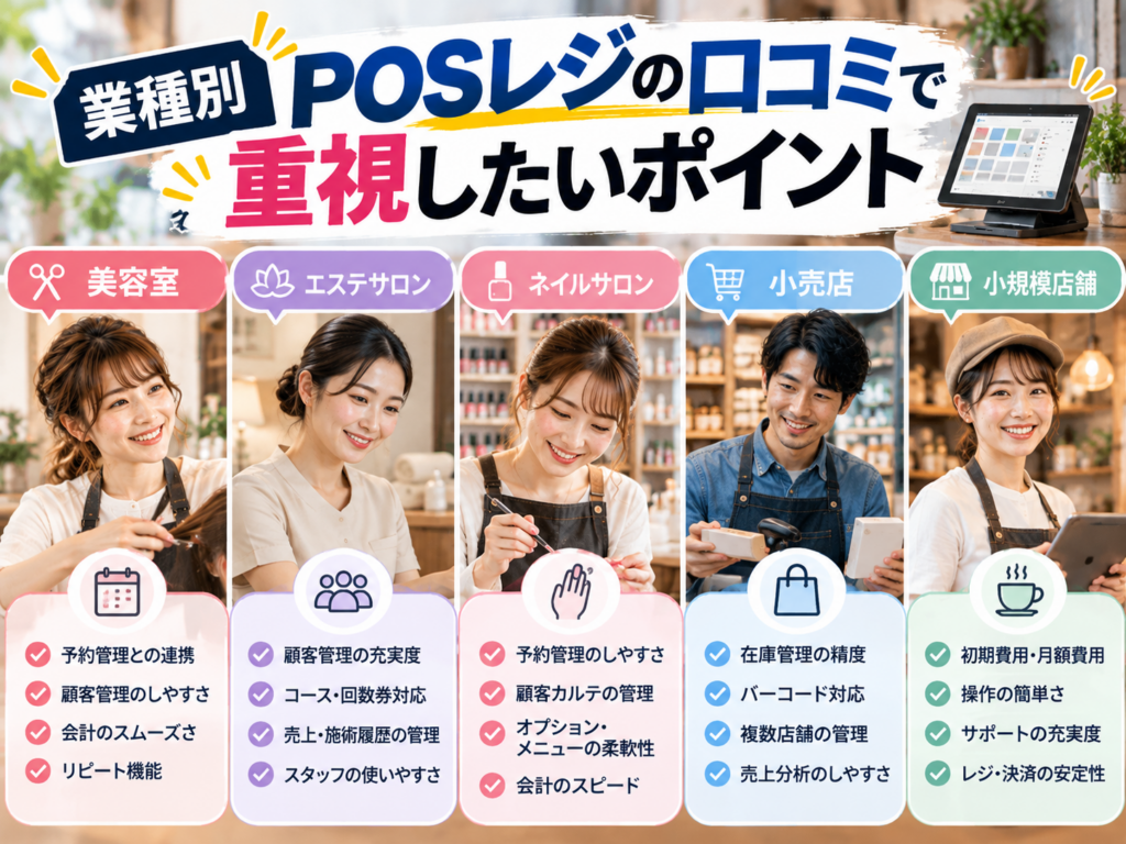 業種別POSレジの口コミで重視したいポイント|美容室・エステサロン・ネイルサロン・小売店・小規模店舗の選び方