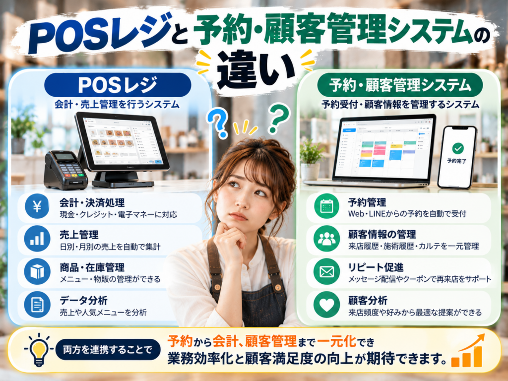 POSレジと予約・顧客管理システムの違いを比較|会計・売上管理と予約受付・顧客情報管理の機能や連携メリットを解説