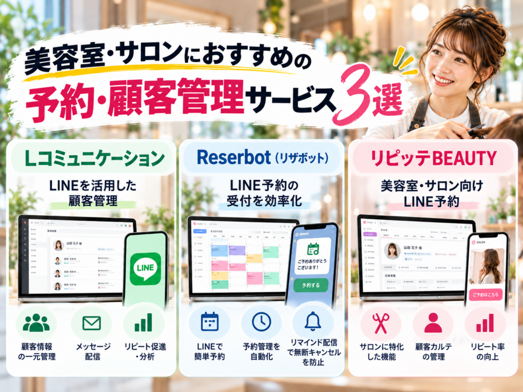美容室・サロンにおすすめの予約・顧客管理サービス3選|Lコミュニケーション・Reserbot・リピッテBEAUTYの特徴を比較