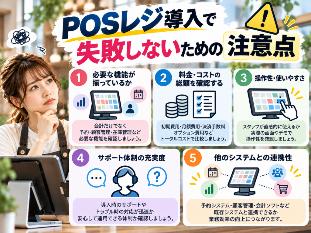 POSレジ導入で失敗しないための5つの注意点|必要な機能・料金・操作性・サポート体制・他システムとの連携を解説