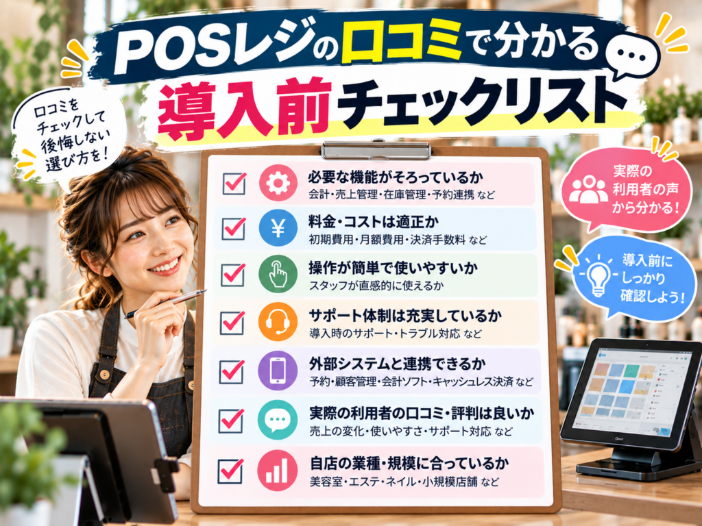 POSレジの口コミで分かる導入前チェックリスト|機能・料金・操作性・サポート体制・外部システム連携など7つの確認項目