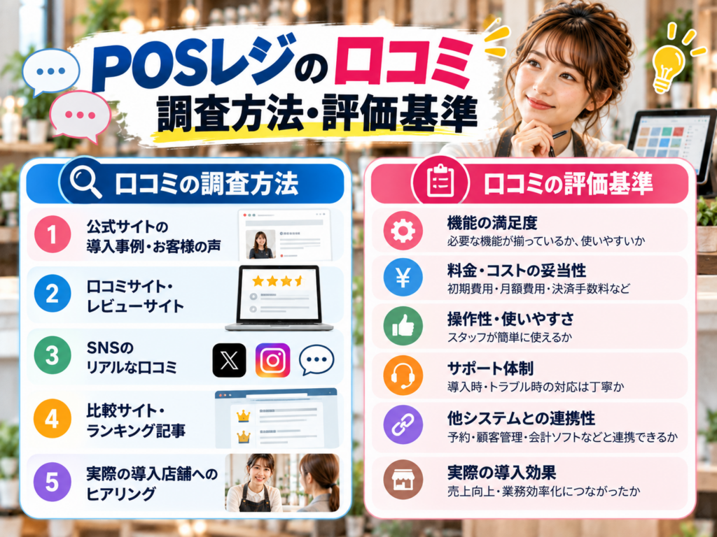 POSレジの口コミ調査方法・評価基準|公式サイト・レビューサイト・SNSなどの情報源と機能・料金・操作性・サポート体制の評価項目