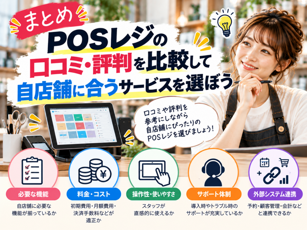 POSレジの口コミ・評判を比較して自店舗に合うサービスを選ぶ方法|機能・料金・操作性・サポート体制・外部システム連携の確認ポイント