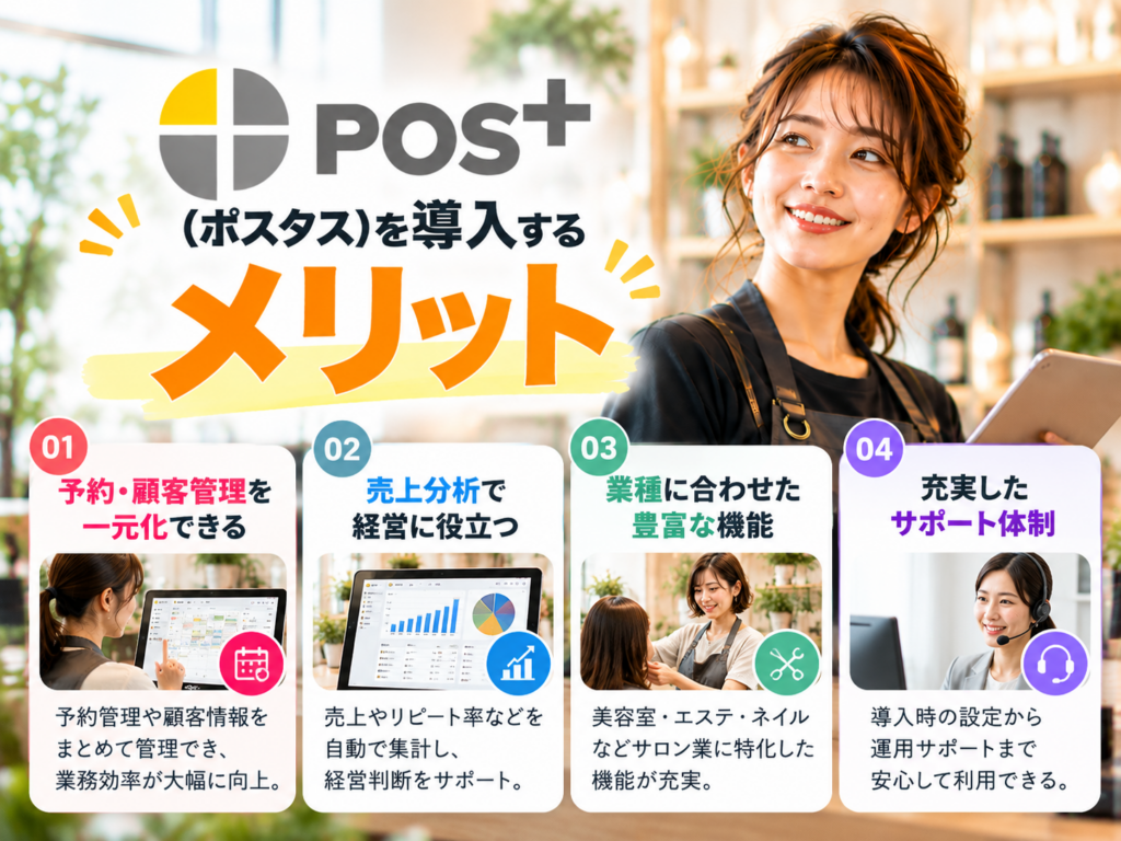 POS＋（ポスタス）を導入する4つのメリット｜予約・顧客管理の一元化、売上分析、業種別機能、充実したサポート体制