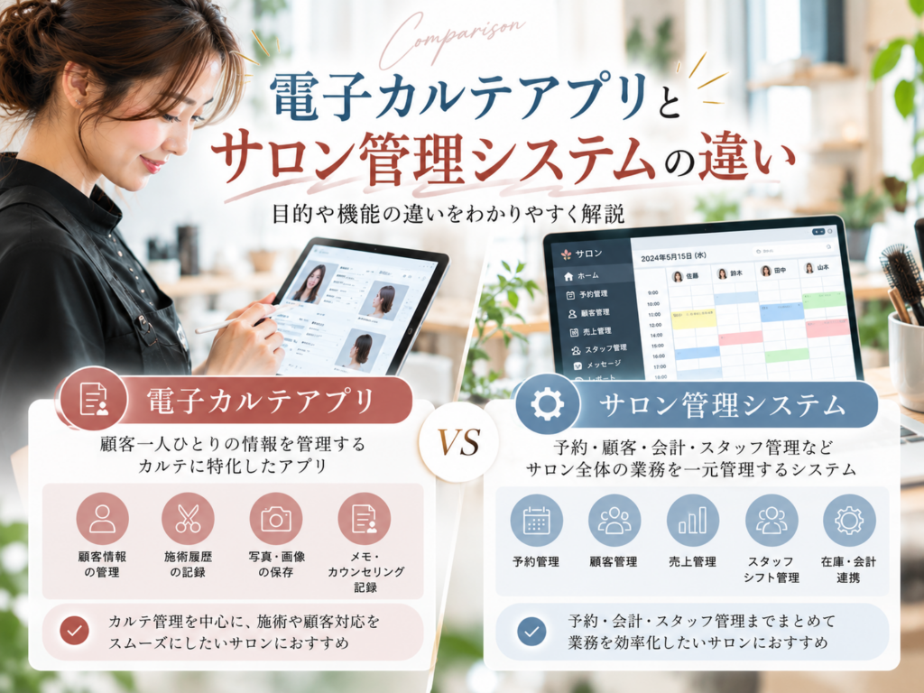 電子カルテアプリとサロン管理システムの違い｜顧客管理・予約・会計機能を比較