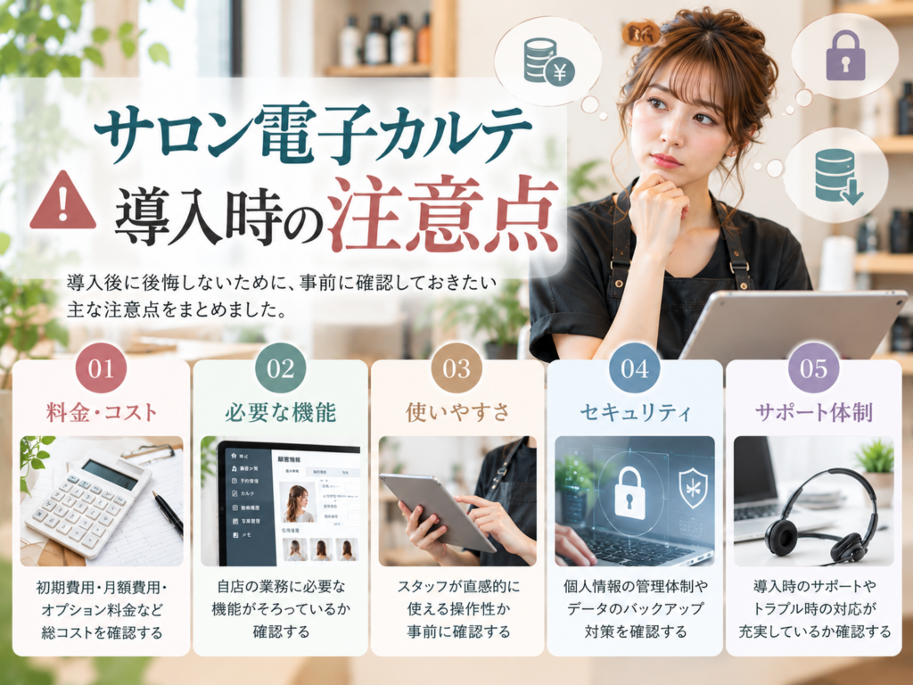 サロン電子カルテ導入時の注意点｜機能・料金・操作性・サポート・セキュリティを確認
