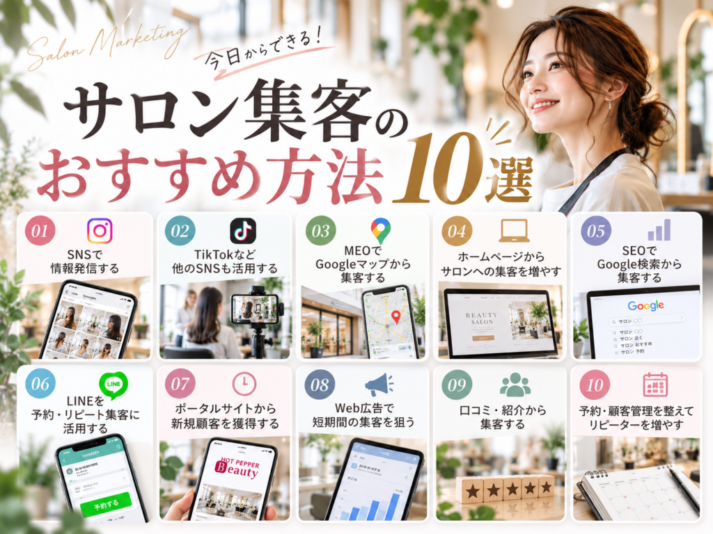 サロン集客のおすすめ方法10選｜SNS・MEO・SEO・LINE・Web広告を比較