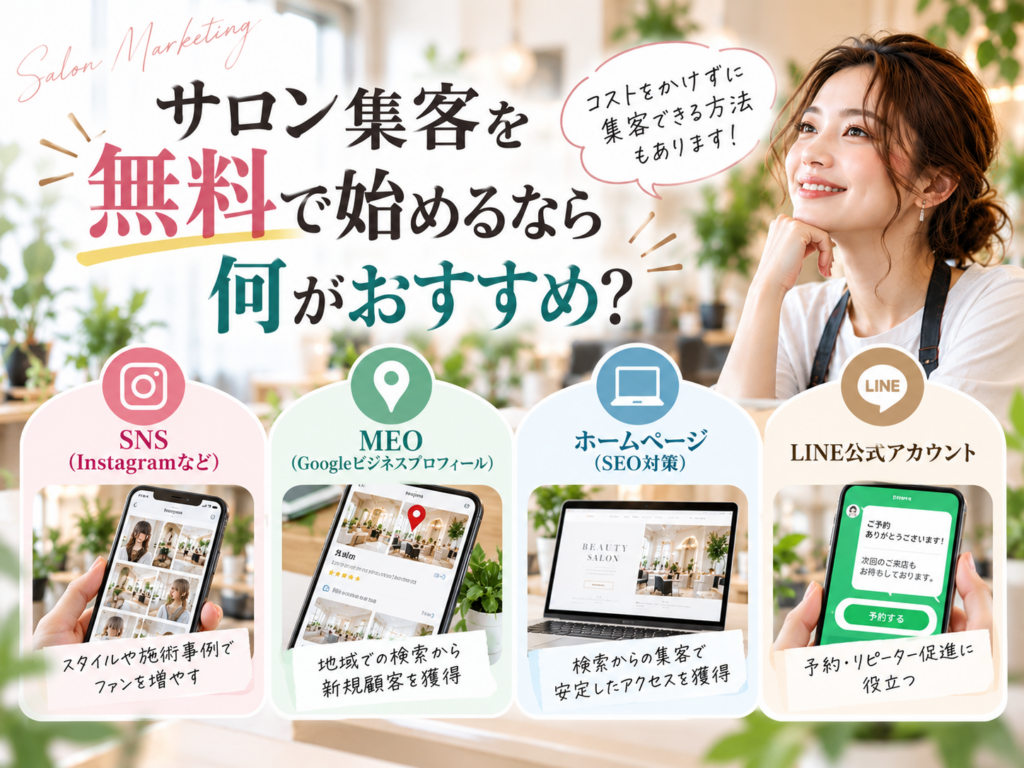 サロン集客を無料で始める方法｜SNS・MEO・SEO・LINE公式アカウントを活用