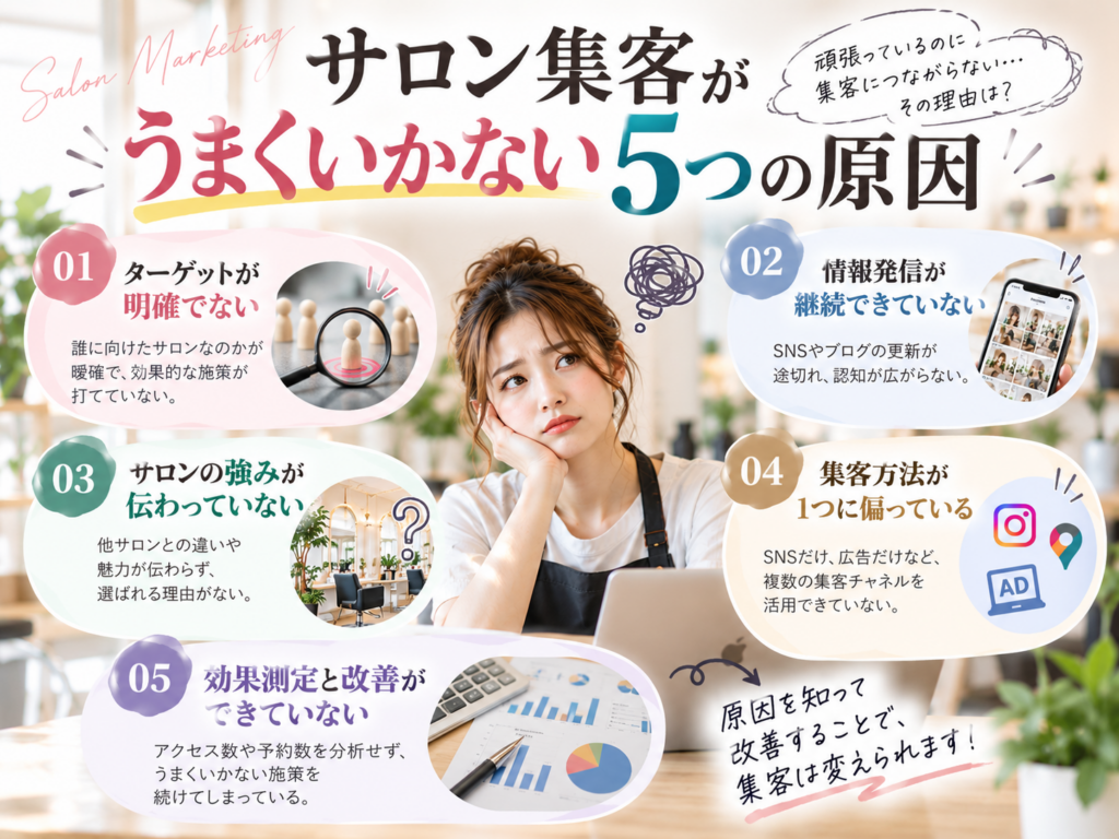 サロン集客がうまくいかない5つの原因｜ターゲット・情報発信・集客方法・効果測定を改善