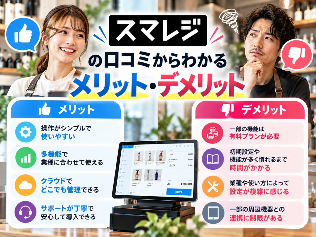 スマレジの口コミからわかるメリット・デメリット|操作性や多機能性、クラウド管理の利点と料金・初期設定・周辺機器の注意点を比較