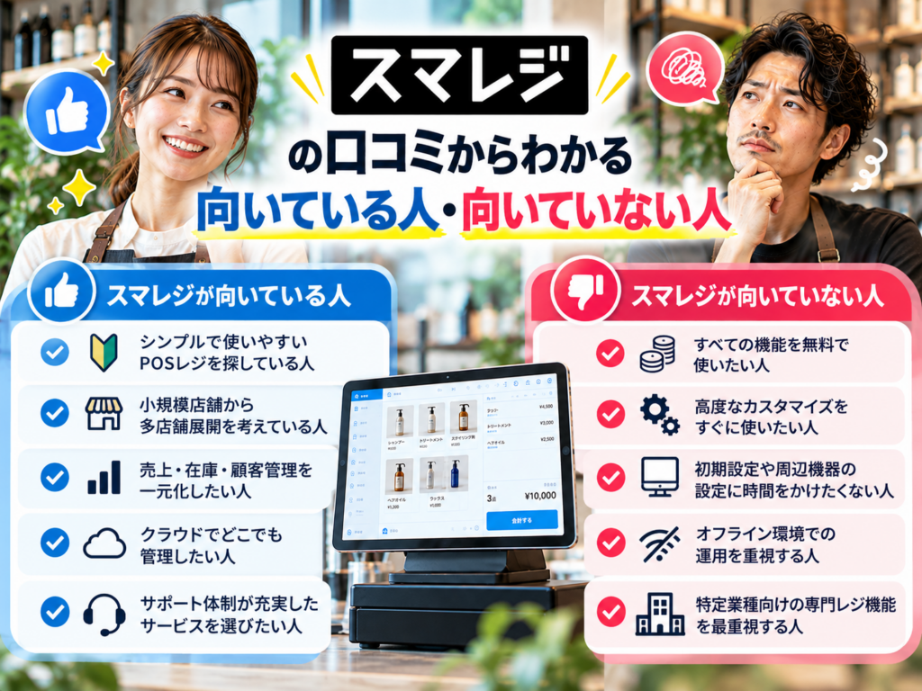 スマレジの口コミからわかる向いている人・向いていない人|操作性や売上・在庫管理、料金、初期設定などを比較