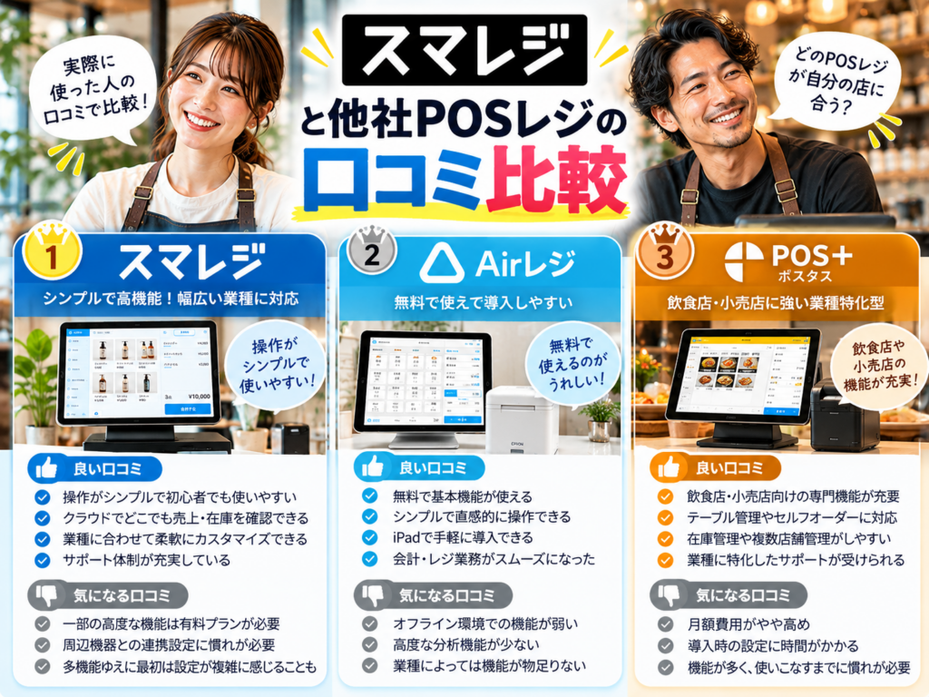 スマレジ・Airレジ・POS+の口コミ・評判を比較|3社の操作性・料金・機能・サポート体制とメリット・デメリットを解説