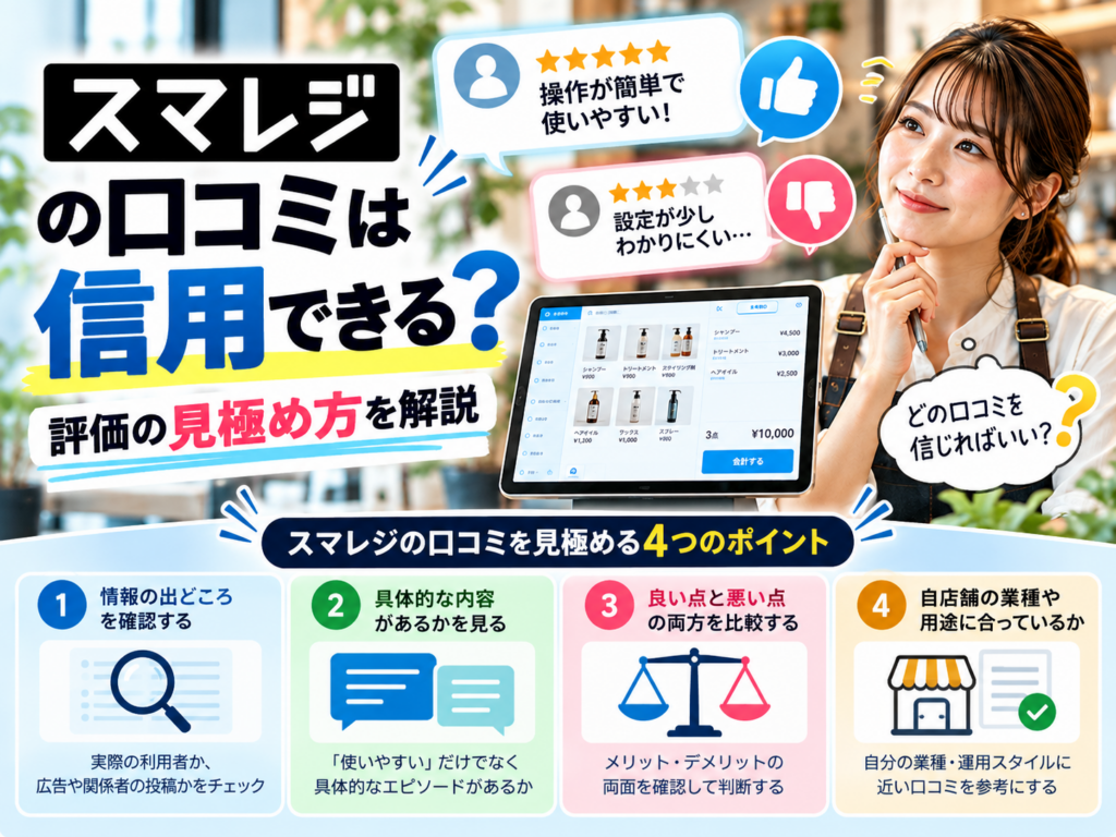 スマレジの口コミ・評判は信用できる?情報の出典や具体性、良い評価・悪い評価の比較、自店舗との相性から信頼性を見極める4つのポイントを解説