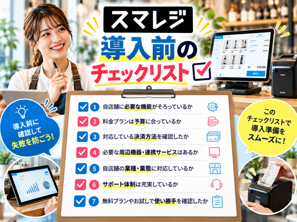 スマレジ導入前のチェックリスト|必要な機能・料金プラン・キャッシュレス決済・周辺機器・業種対応・サポート体制など7つの確認ポイントを解説