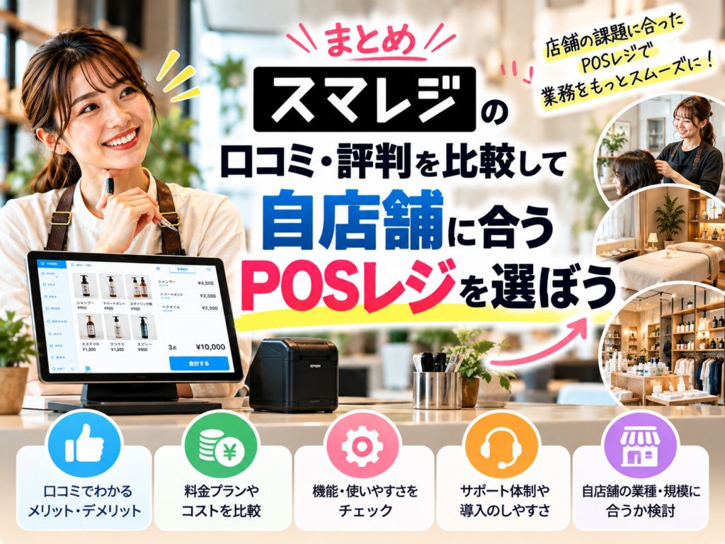 スマレジの口コミ・評判を比較したまとめ|メリット・デメリット、料金プラン、機能、サポート体制を確認し、自店舗に合うPOSレジを選ぶポイントを解説