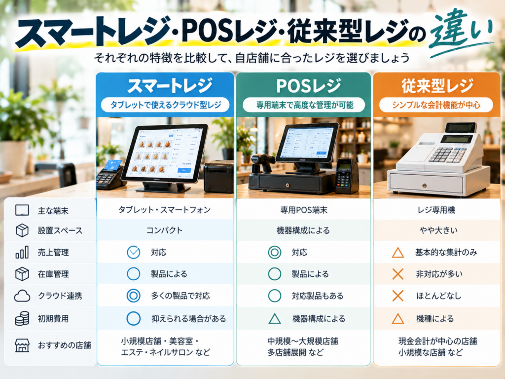 スマートレジ・POSレジ・従来型レジの違いを比較した図解。端末の種類や売上管理・在庫管理・クラウド連携・初期費用などの特徴を紹介。