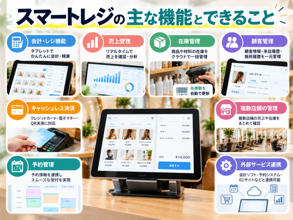 スマートレジの主な機能とできることを解説した図解画像。会計・売上管理・在庫管理・顧客管理・予約管理・キャッシュレス決済・複数店舗管理などの機能を紹介。