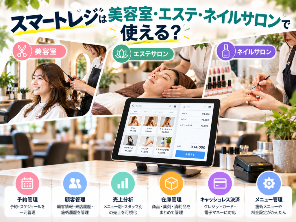 スマートレジは美容室・エステ・ネイルサロンで使える？各サロンでの活用例と予約管理・顧客管理・売上分析・在庫管理・キャッシュレス決済などの機能を紹介