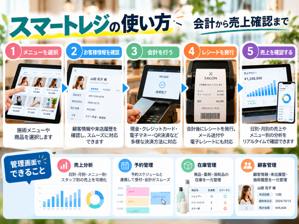 スマートレジの使い方を解説した図解画像。施術メニューの選択から顧客情報の確認、会計・レシート発行・売上確認までの操作手順を紹介