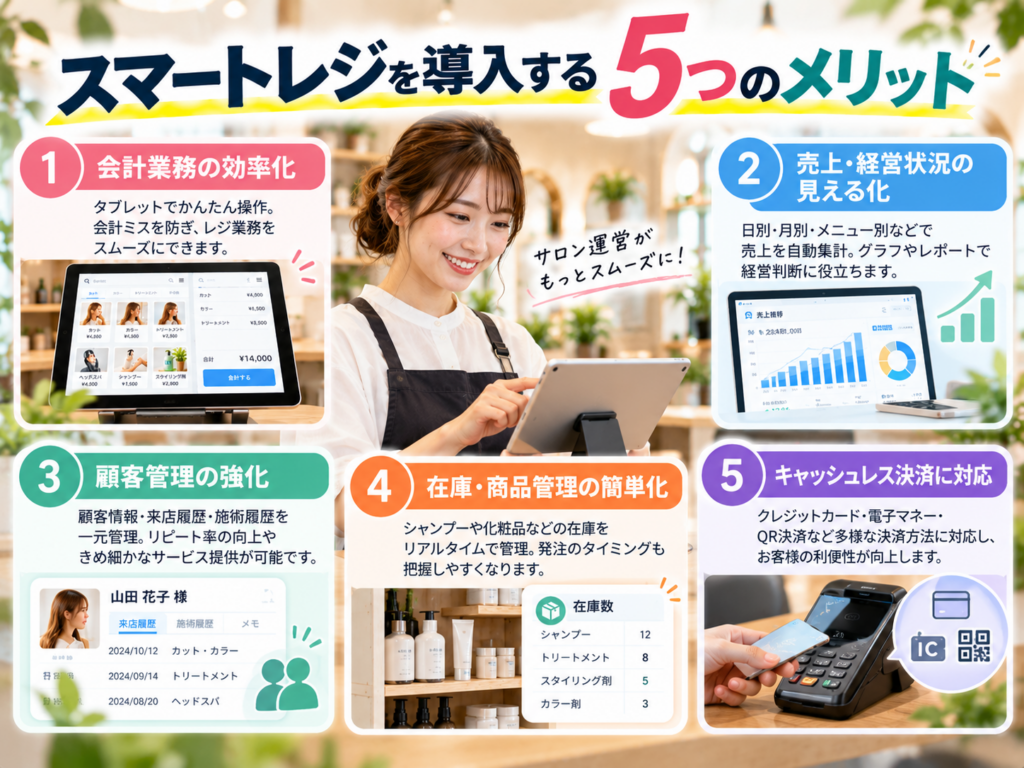 スマートレジを導入する5つのメリットを解説。会計業務の効率化・売上管理・顧客管理・在庫管理・キャッシュレス決済への対応を紹介。