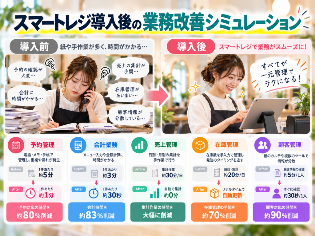 スマートレジ導入後の業務改善シミュレーションを示す図解画像。導入前後の予約管理・会計業務・売上集計・在庫管理・顧客管理の効率化を比較。