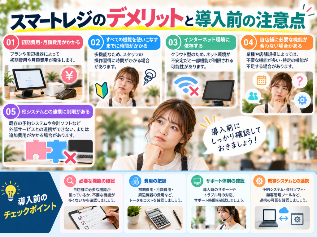 スマートレジのデメリットと導入前の注意点を解説した図解画像。初期費用・月額料金、操作習得、インターネット環境、必要な機能、外部システムとの連携などの確認ポイントを紹介。
