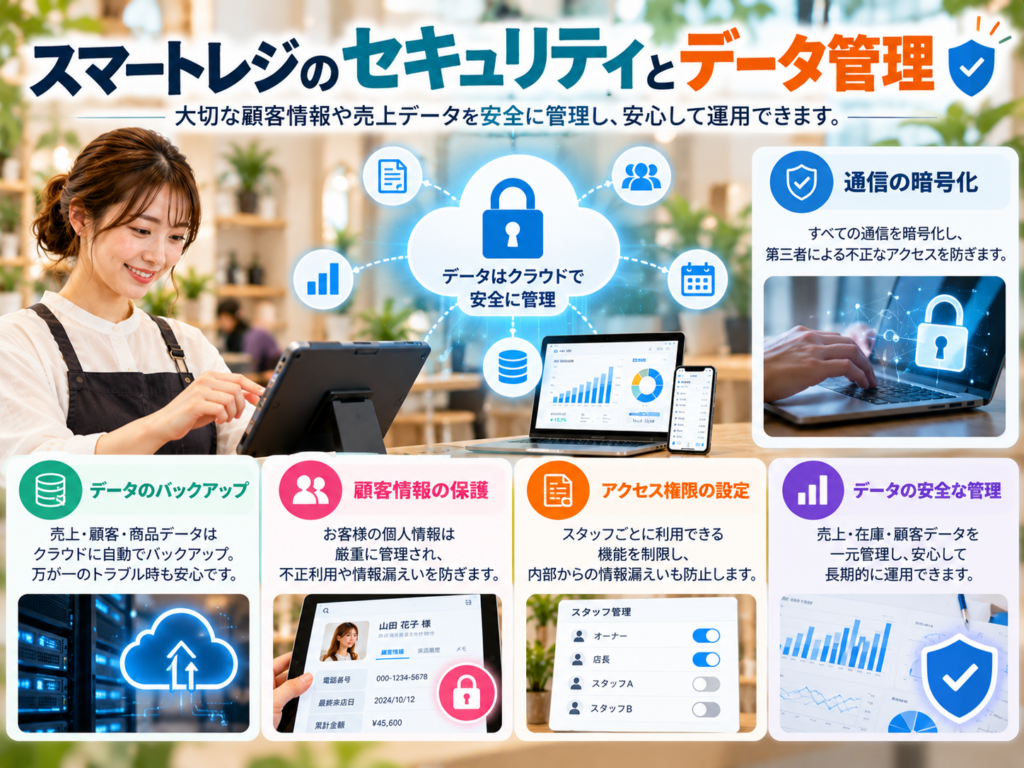 スマートレジのセキュリティとデータ管理を解説した図解画像。通信の暗号化、クラウドへのバックアップ、顧客情報の保護、スタッフのアクセス権限設定などの対策を紹介。