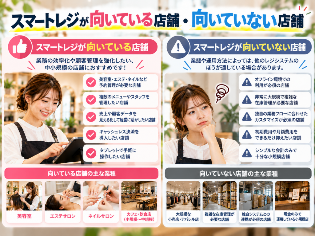 スマートレジが向いている店舗・向いていない店舗を比較した図解画像。美容室・エステ・ネイルサロンなどの導入に適した店舗と、通信環境や業務システムの制約から導入に注意が必要な店舗の特徴を解説。