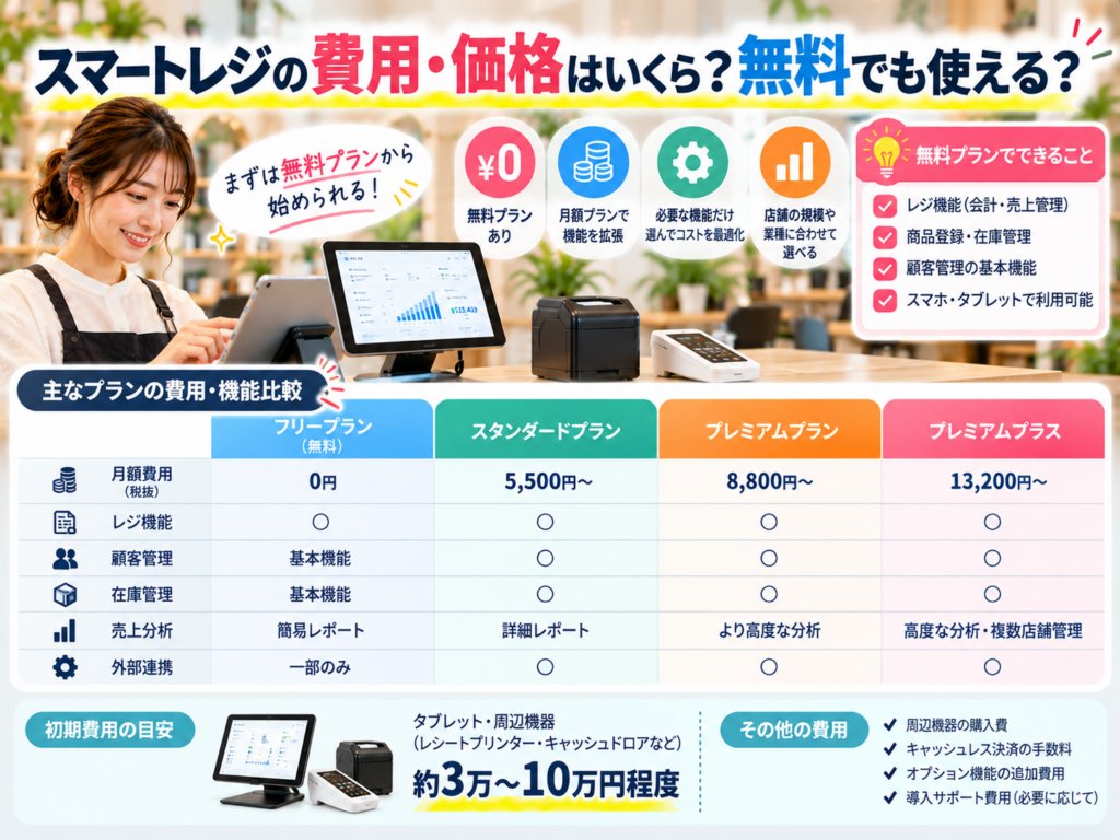 スマートレジの費用・価格と無料プランの特徴を解説した図解画像。初期費用・月額料金・プラン別の機能・周辺機器代・キャッシュレス決済手数料などを比較。