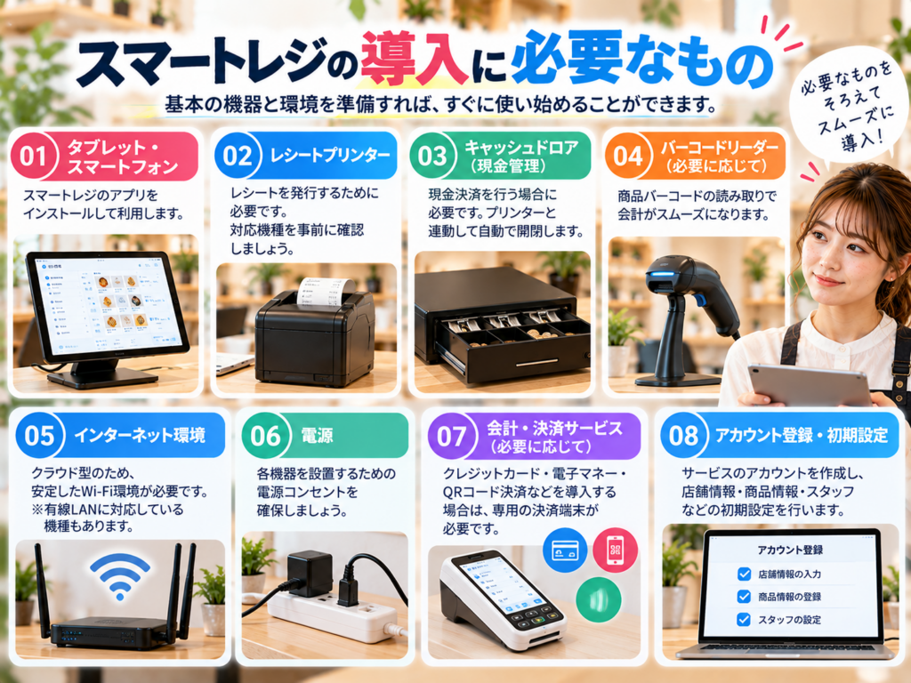 スマートレジの導入に必要なものを解説した図解画像。タブレット・スマートフォン、インターネット環境、レシートプリンターなどの周辺機器、キャッシュレス決済端末、アカウント登録について紹介。