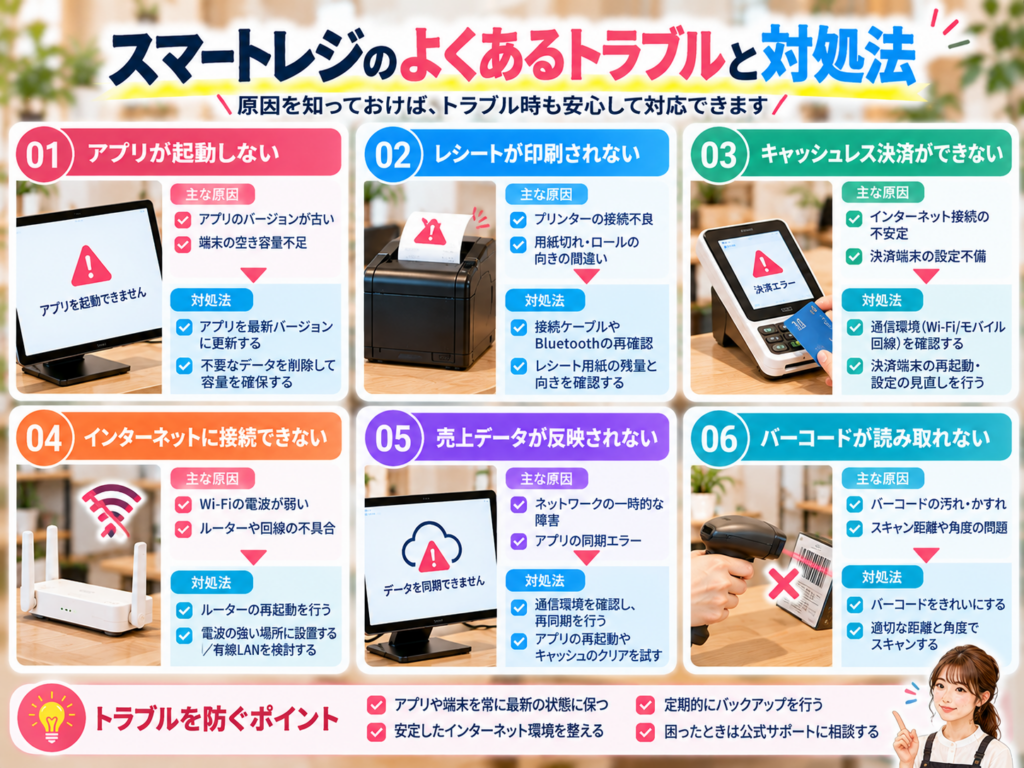 スマートレジのよくあるトラブルと対処法を解説した図解画像。アプリの起動不良、レシート印刷エラー、キャッシュレス決済の不具合、インターネット接続障害、売上データの同期エラー、バーコード読み取り不良の原因と解決方法を紹介。