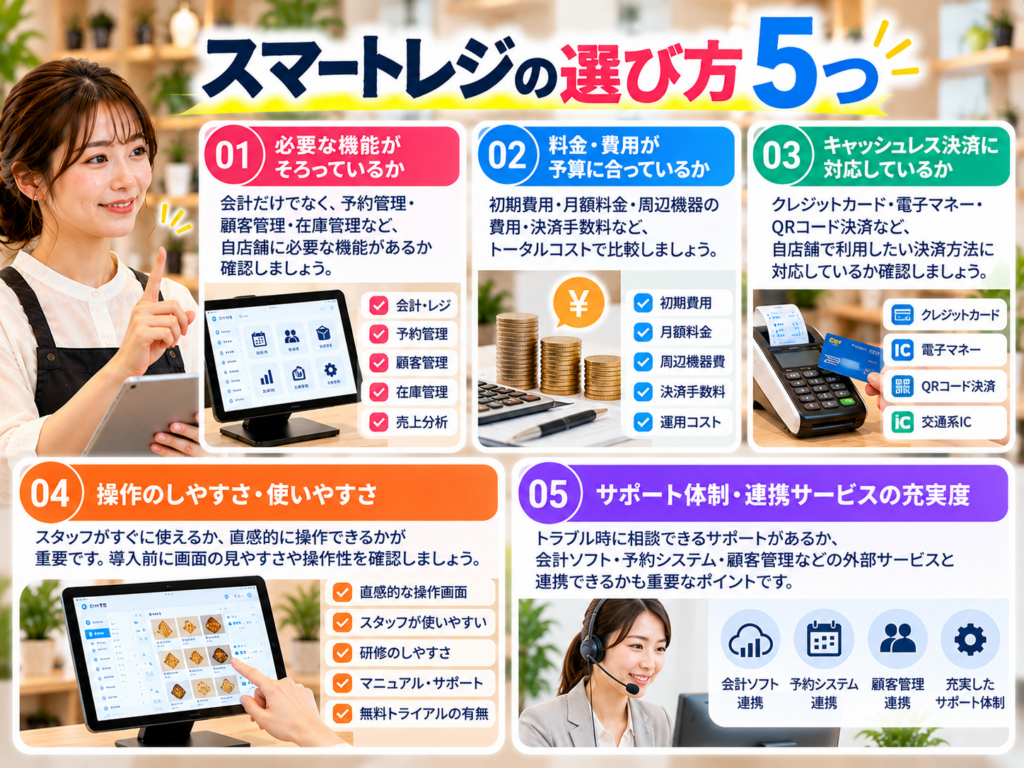 スマートレジの選び方5つを解説した図解画像。必要な機能、初期費用・月額料金、キャッシュレス決済への対応、操作のしやすさ、サポート体制・外部システム連携の比較ポイントを紹介。