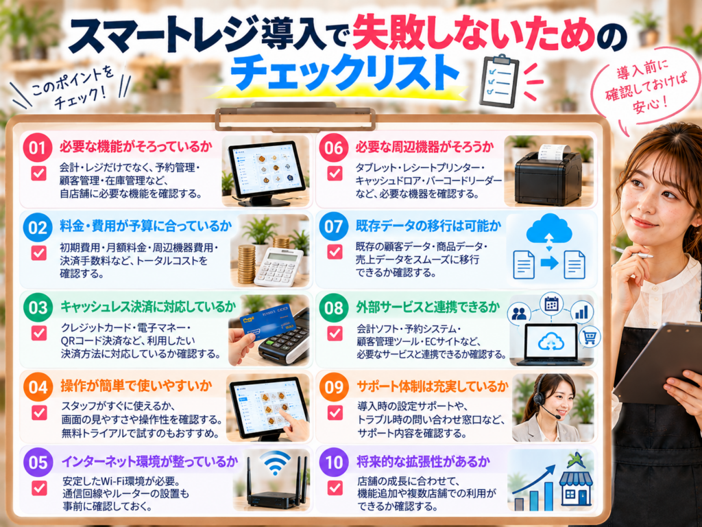スマートレジ導入で失敗しないためのチェックリストをまとめた図解画像。必要な機能・導入費用・キャッシュレス決済・操作性・通信環境・周辺機器・データ移行・外部連携・サポート体制・拡張性の10項目を解説。