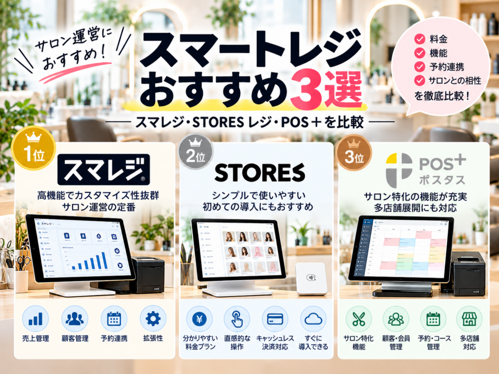 スマートレジおすすめ3選を比較した図解画像。スマレジ・STORES レジ・POS+の特徴や機能、操作性、売上管理・顧客管理・予約連携、サロンへの適合性を紹介。