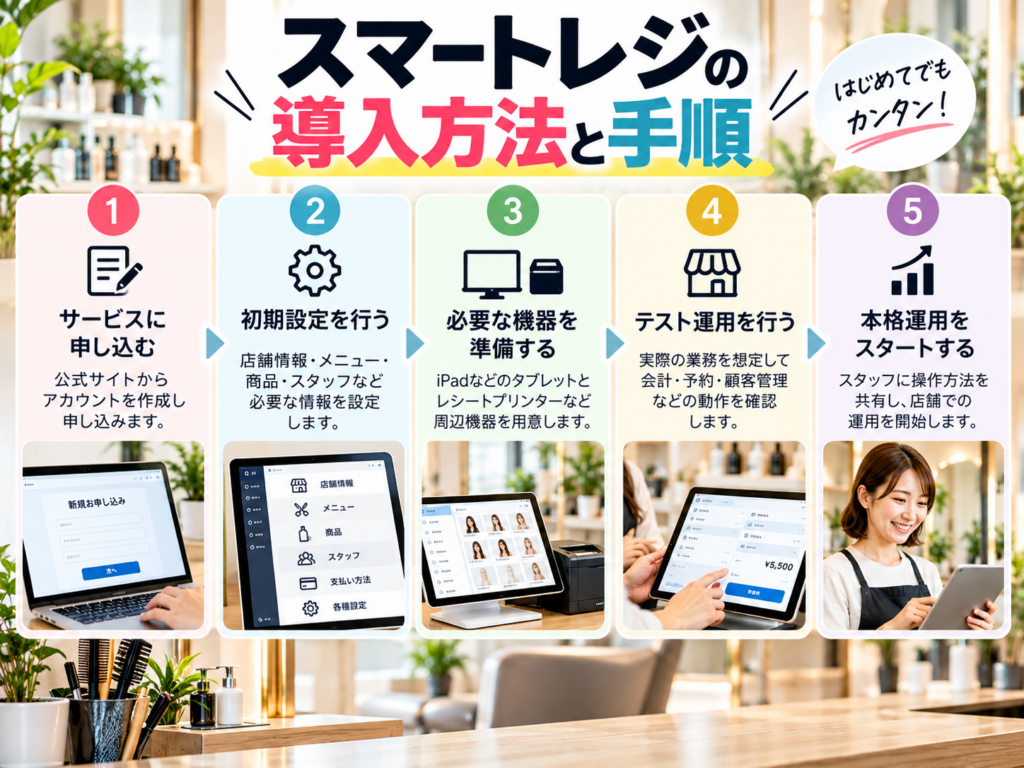 スマートレジの導入方法と手順を解説した図解画像。サービスへの申し込み、初期設定、必要な機器の準備、テスト運用、本格運用開始までの5ステップを紹介。