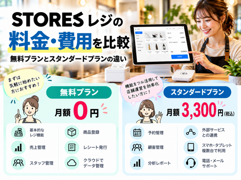 STORESレジの料金・費用を比較|月額0円の無料プランと月額3,300円のスタンダードプランの違いや機能を解説