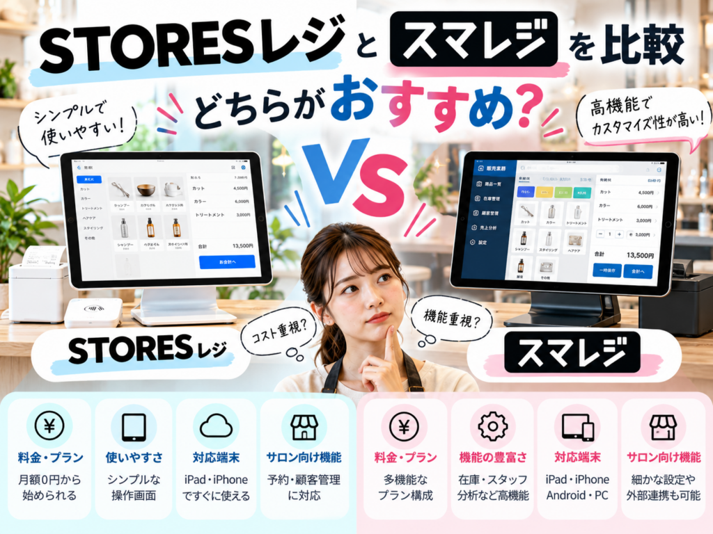 STORESレジとスマレジを比較|料金プラン・使いやすさ・対応端末・サロン向け機能の違いとおすすめのPOSレジを解説
