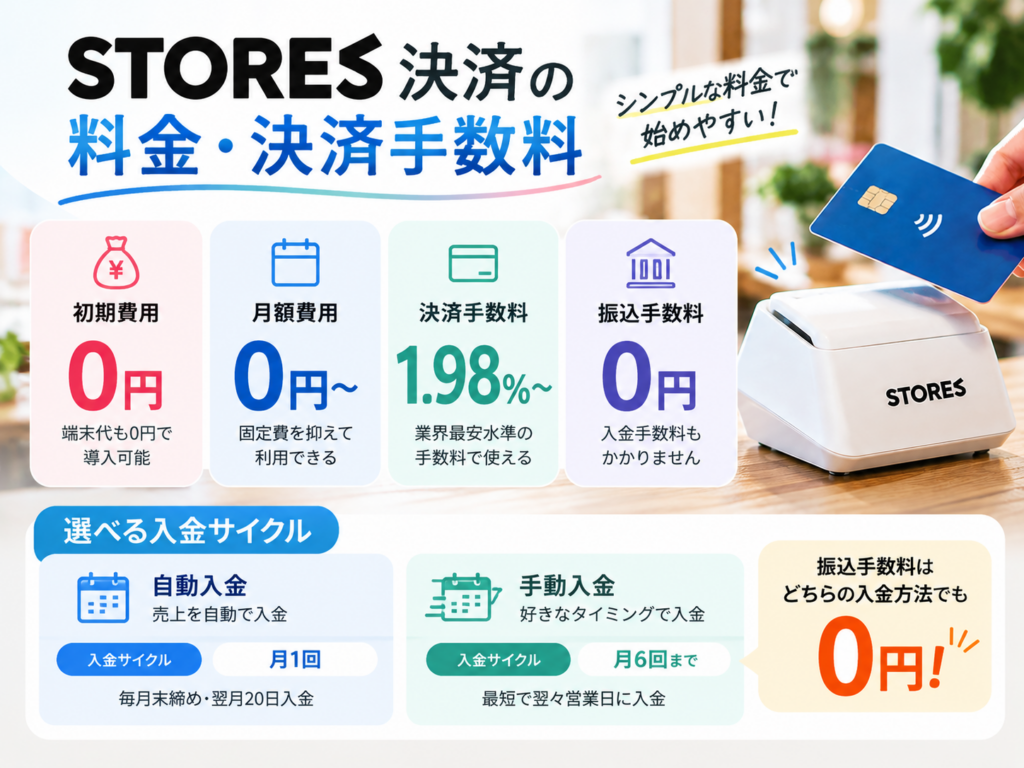 STORES 決済の料金・決済手数料を解説｜初期費用0円・月額0円から利用可能、決済手数料1.98％〜と入金サイクルの比較