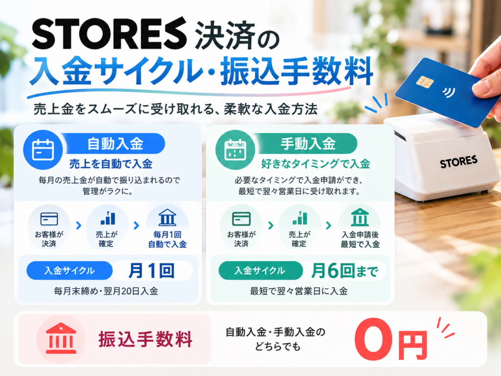 STORES 決済の入金サイクル・振込手数料を比較｜自動入金と手動入金の違い、入金タイミングや振込手数料を解説