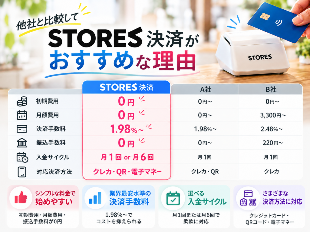 STORES 決済が他社比較でおすすめな理由｜初期費用0円・月額0円から利用可能、決済手数料1.98％〜・入金サイクル・対応決済方法を比較