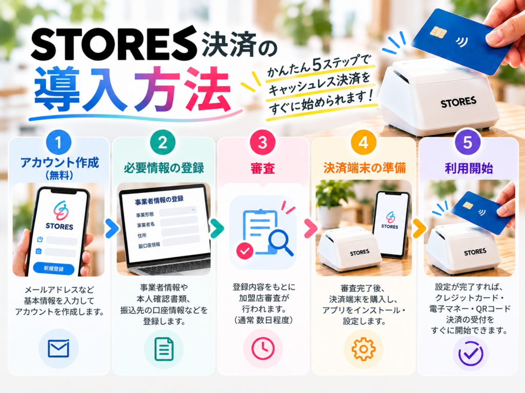 STORES 決済の導入方法を5ステップで解説｜無料アカウント作成・店舗情報登録・加盟店審査・決済端末の準備から利用開始までの流れ